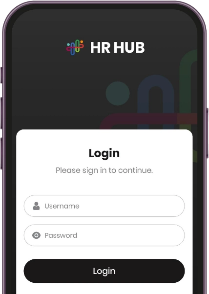 HR HUB Mobile App login credentials screen
